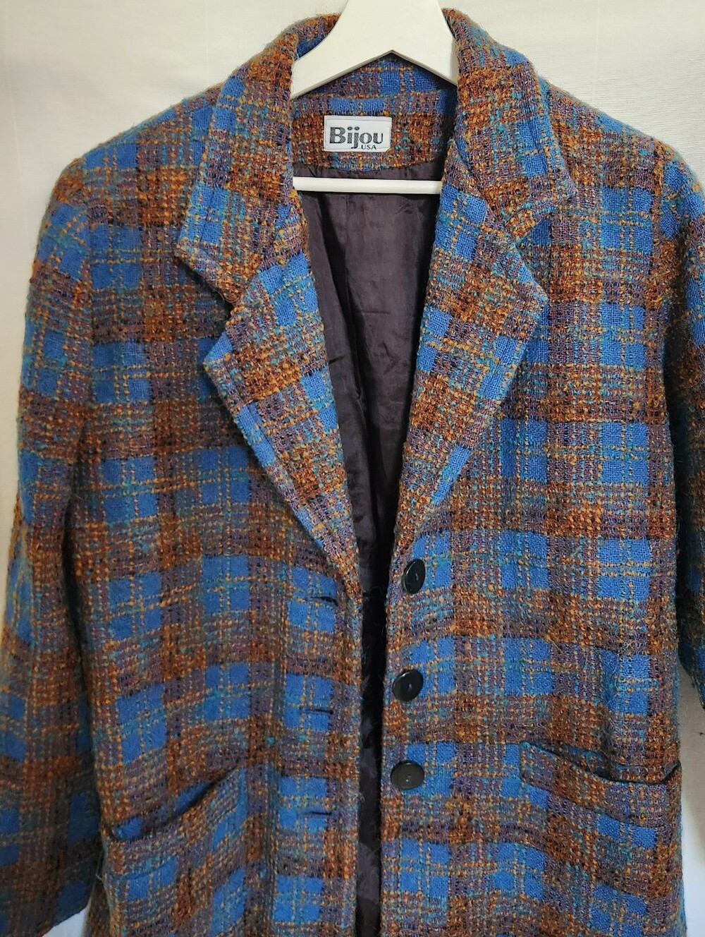 Bijou Blue and Brown Plaid Wool Pea Coat